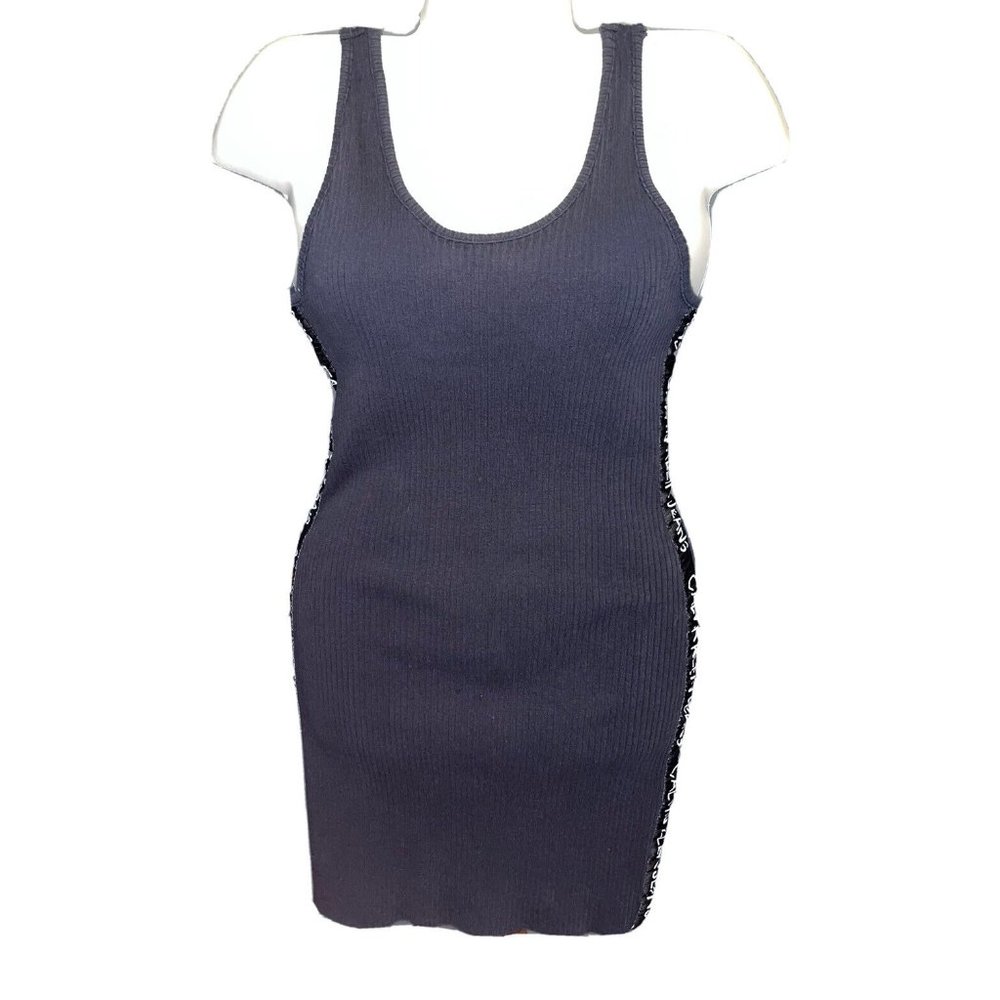 Calvin Klein Jeans Vintage Black Ribbed Logo Striped Knit Tank Dress Size M